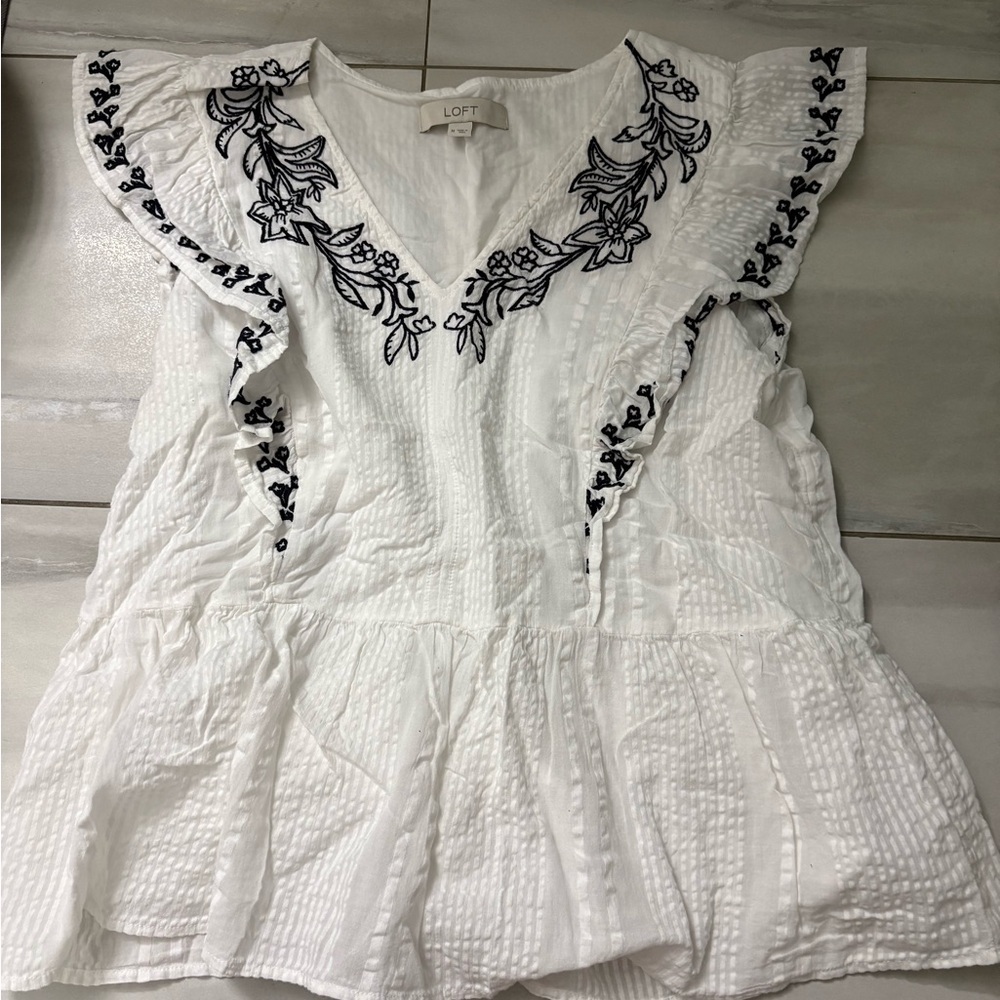 LOFT White and Black Embroidered Blouse